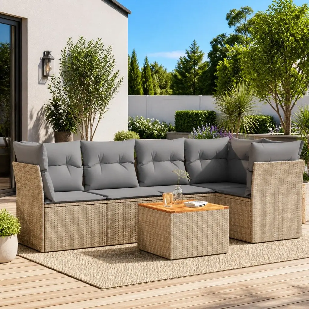 Garden Sofa Set PE Rattan Frame Acacia Wood Tabletop 6 Piece Beige