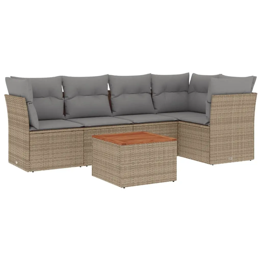 Garden Sofa Set PE Rattan Frame Acacia Wood Tabletop 6 Piece Beige