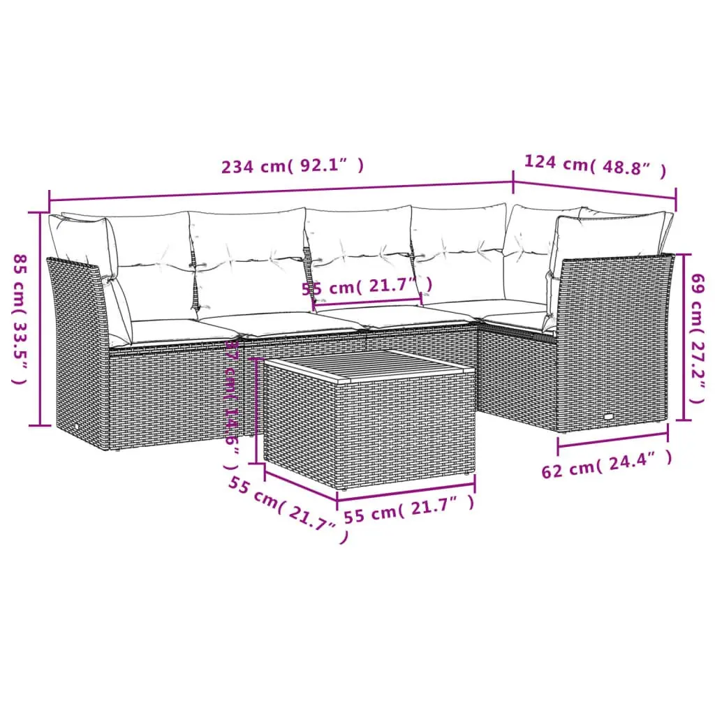 Garden Sofa Set PE Rattan Frame Acacia Wood Tabletop 6 Piece Beige