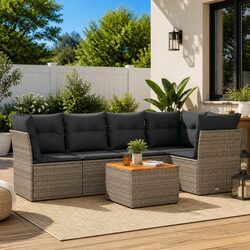 6-Piece Garden Sofa Set with Cushions in Grey Rattan