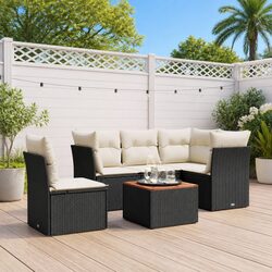 6-Piece Black Poly Rattan Outdoor Garden Sofa Set with Cushions