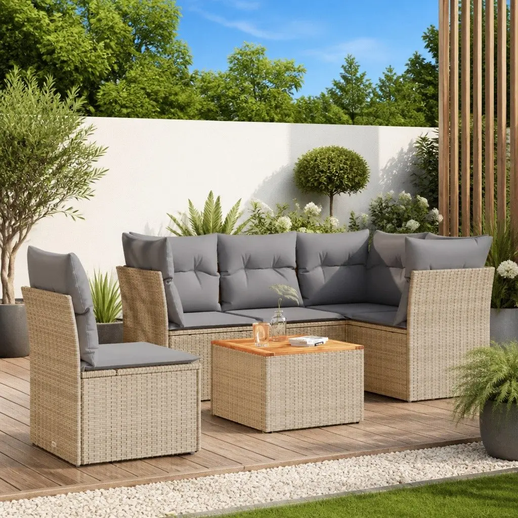6 Piece Modular Beige Rattan Outdoor Sofa Set