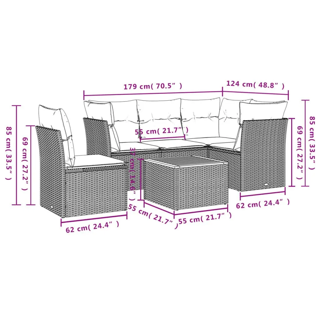 Garden Sofa Set PE Rattan 6 Piece Grey Outdoor Furniture with Acacia Wood Tabletop and Padded Cushions
