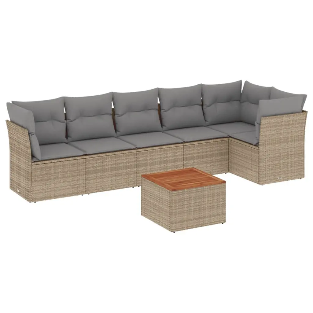 7 Piece Garden Sofa Set PE Rattan Acacia Wood Table Top Beige