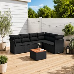7-Piece Black Poly Rattan Garden Sofa Set with Cushions