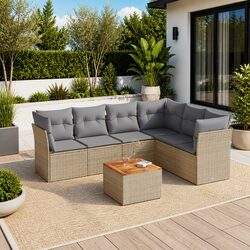 Beige 7-Piece Poly Rattan Outdoor Garden Sofa Set