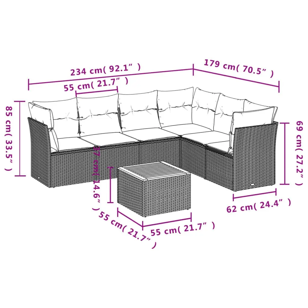 7 Piece Garden Sofa Set with Cushions in Grey