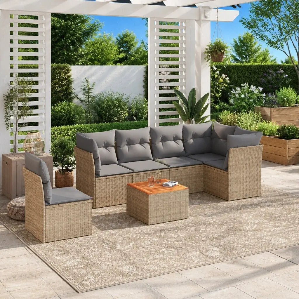 Garden Sofa Set PE Rattan 7 Piece Outdoor Furniture Beige Cushions