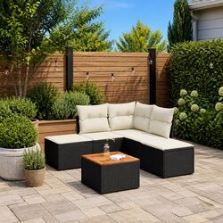 Durable 6 Piece Black Rattan Garden Sofa Set with Cushions