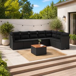 Sturdy 8 Piece Black Garden Sofa Set with Cushions