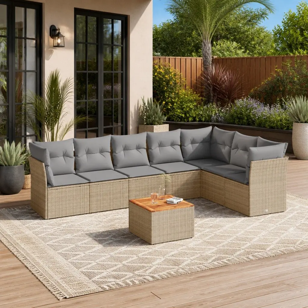 Garden Sofa Set PE Rattan 8 Piece Outdoor Patio Furniture Beige with Cushions