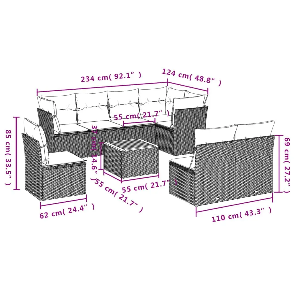 9-Piece Grey Garden Sofa Set with Cushions