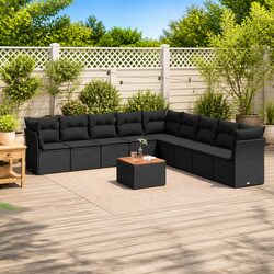 10 Piece Black Outdoor Garden Sofa Set with Cushions