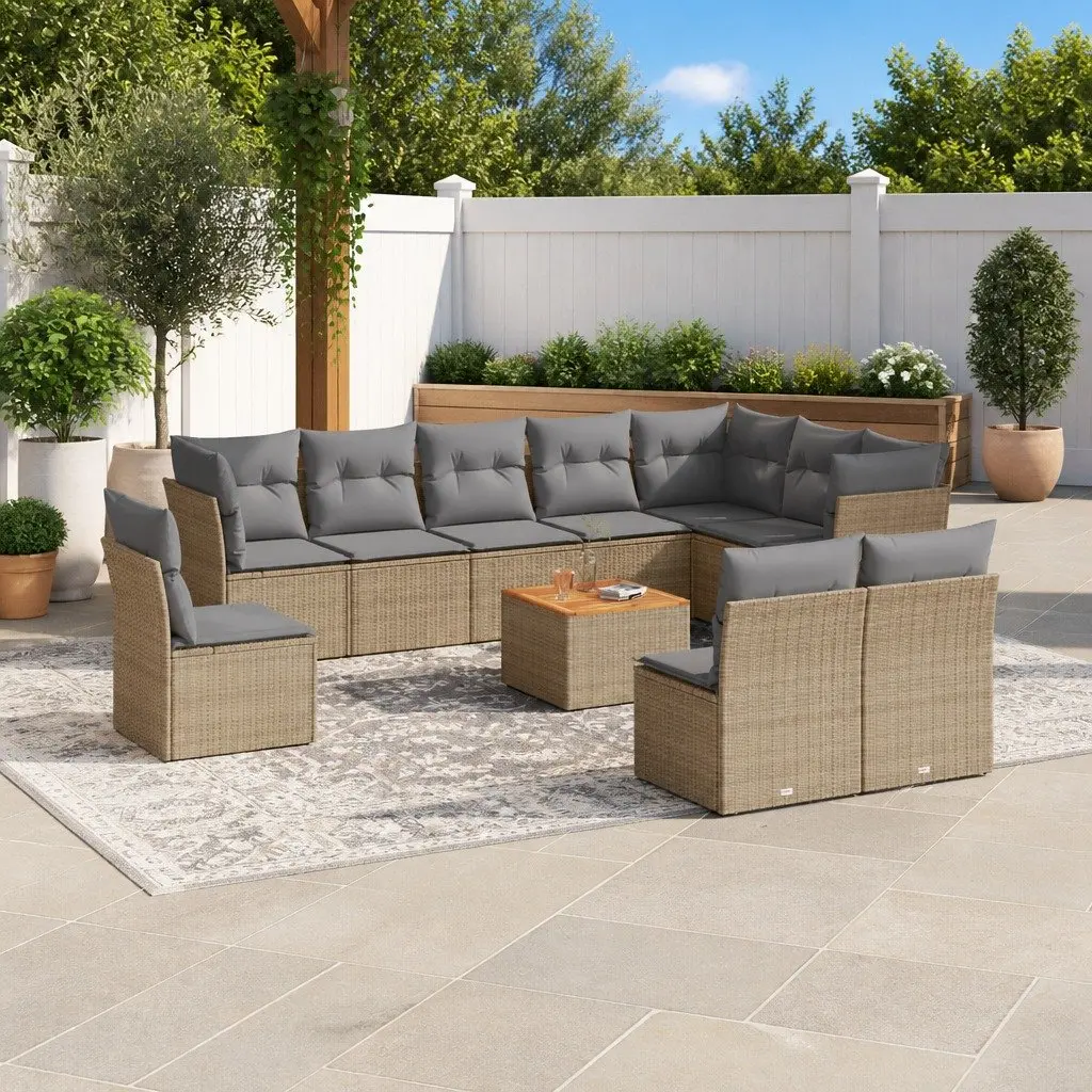 Garden Sofa Set PE Rattan 11 Piece Outdoor Furniture Patio Lounge Beige with Cushions