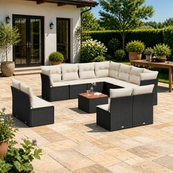 12-Piece Black Poly Rattan Garden Sofa Set with Cushions