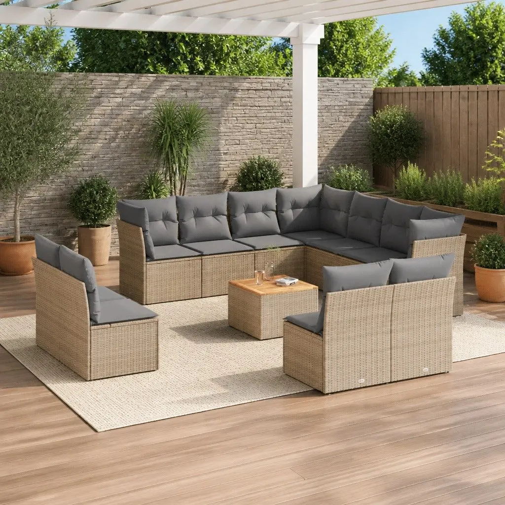 Garden Sofa Set PE Rattan 12 Piece Beige Modular Patio Furniture with Cushions