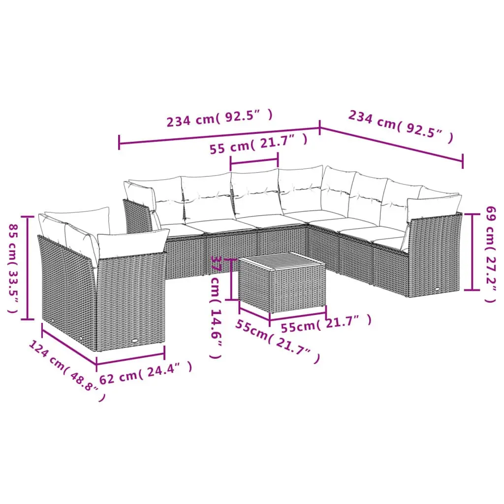 10-Piece Grey Poly Rattan Garden Sofa Set