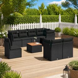 9 Piece Black Poly Rattan Outdoor Sofa Set with Cushions
