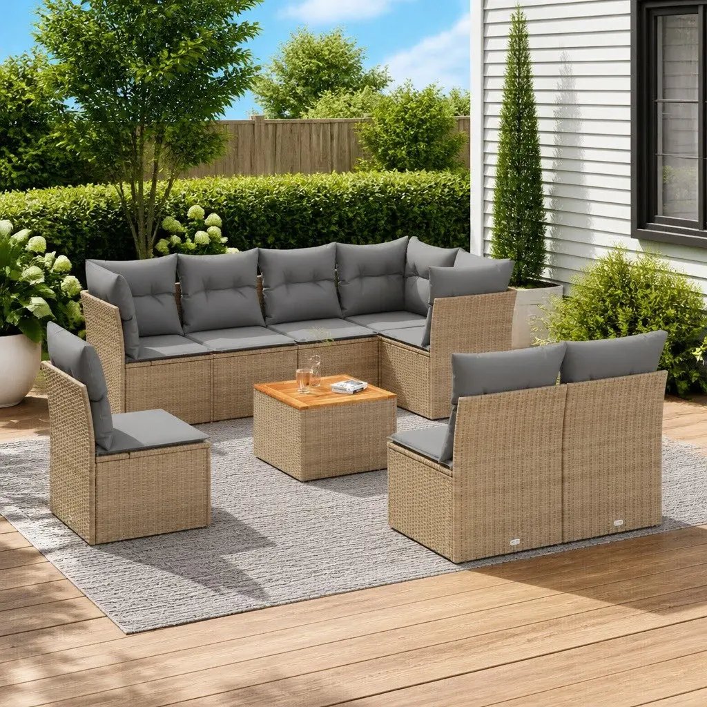 9 Piece Outdoor Garden Sofa Set PE Rattan Beige Modular with Cushions