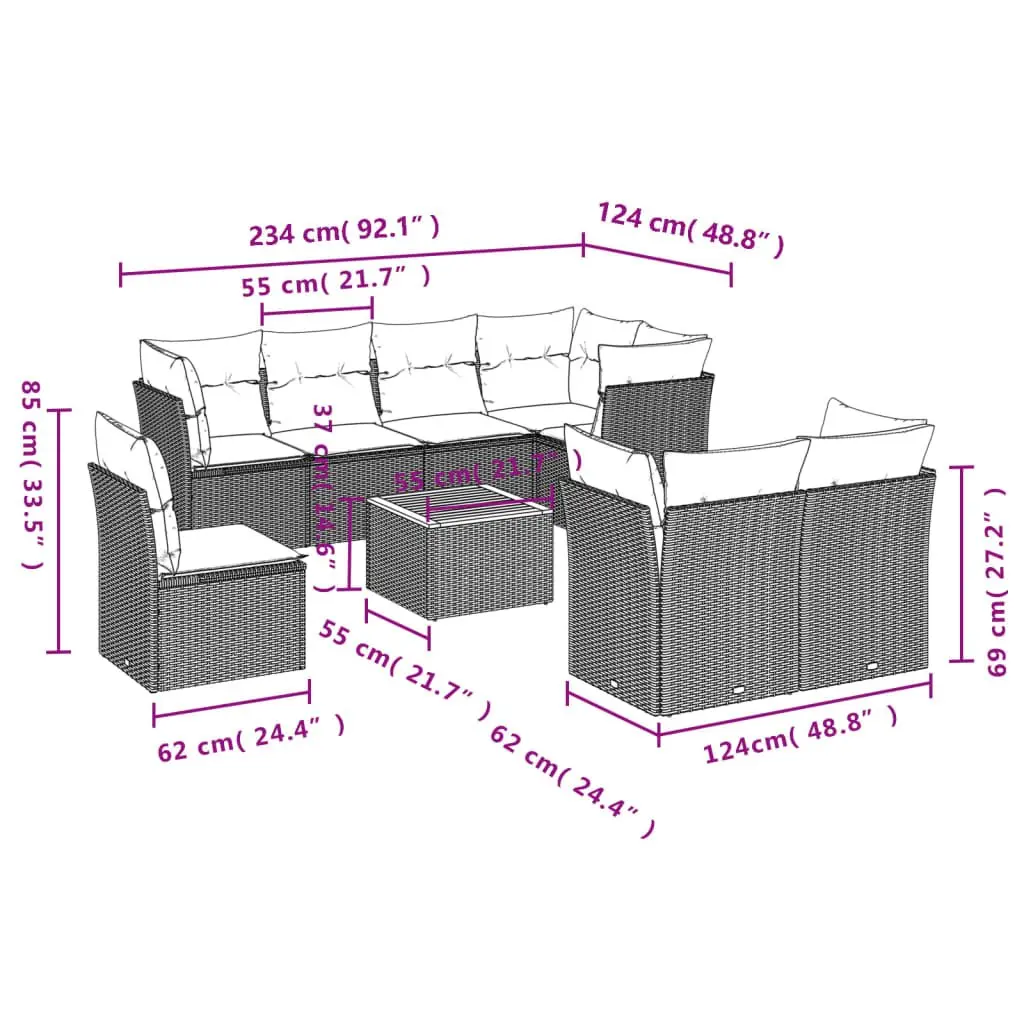9PieceOutdoorSofaSetGreyPolyRattanFurnitureWithThickCushionsAndAcaciaWoodTabletopForPatioGardenRelaxation