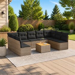 10-Piece Outdoor Grey Poly Rattan Sofa Set with Cushions