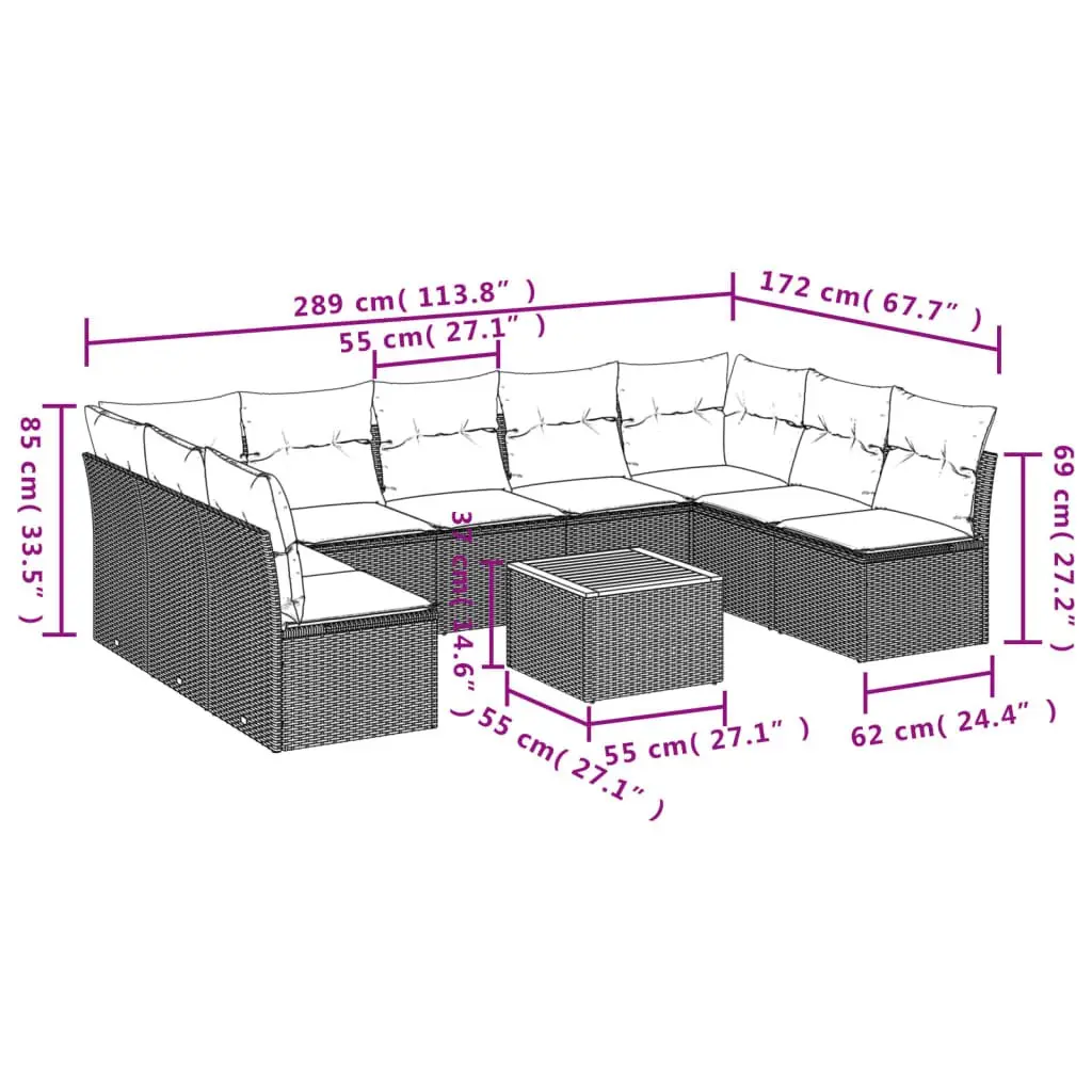 Garden Sofa Set Poly Rattan 10 Piece Outdoor Furniture Grey with Cushions