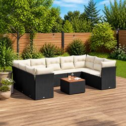 10-Piece Black Poly Rattan Garden Sofa Set with Cushions