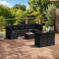 10-Piece Black Poly Rattan Garden Sofa Set with Cushions
