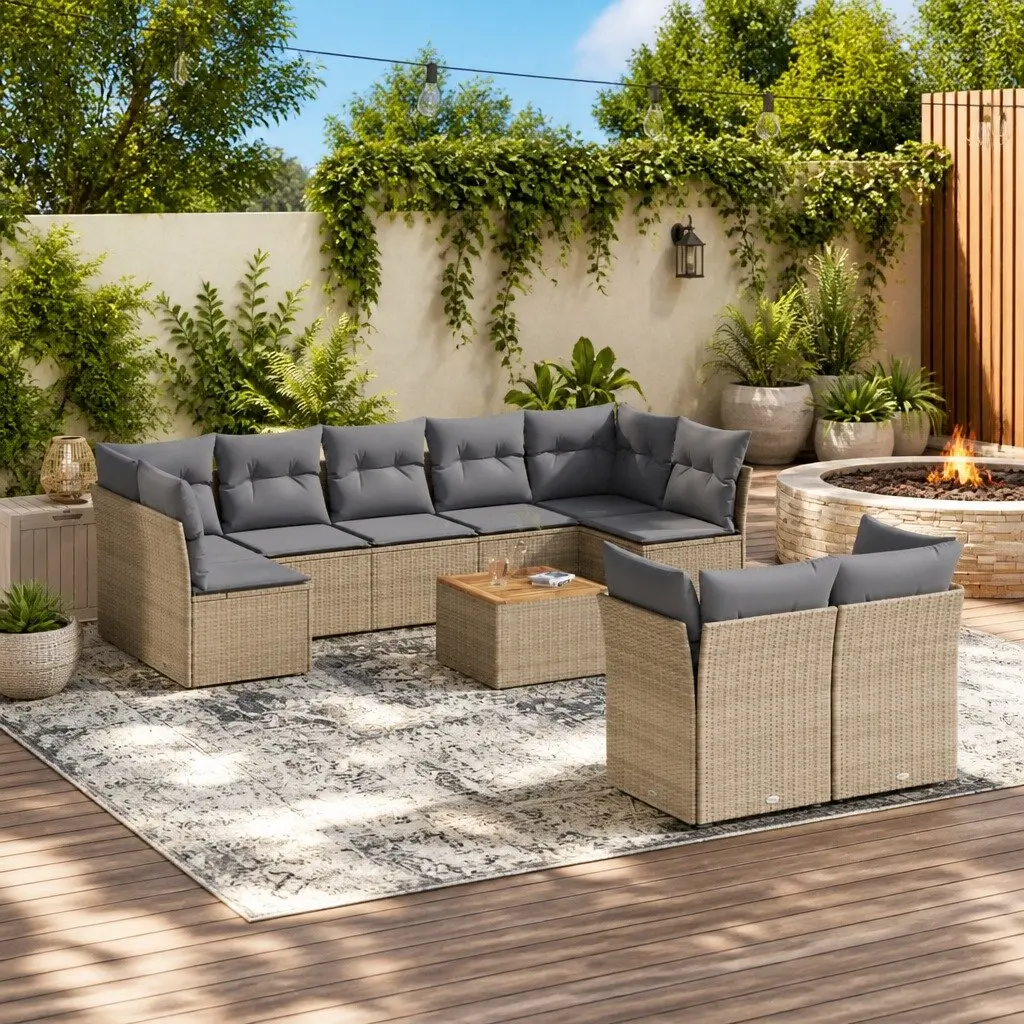 Garden Sofa Set PE Rattan 10 Piece Outdoor Furniture Patio Sectional with Cushions Beige