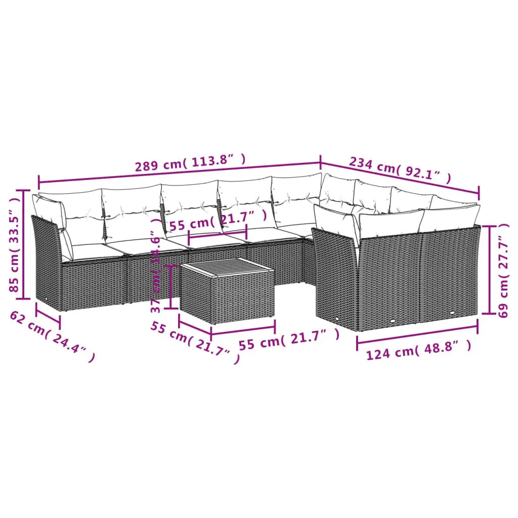 Garden Sofa Set PE Poly Rattan 10 Piece Grey with Cushions