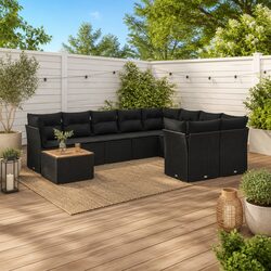 Durable 10 Piece Black Rattan Garden Sofa Set with Cushions