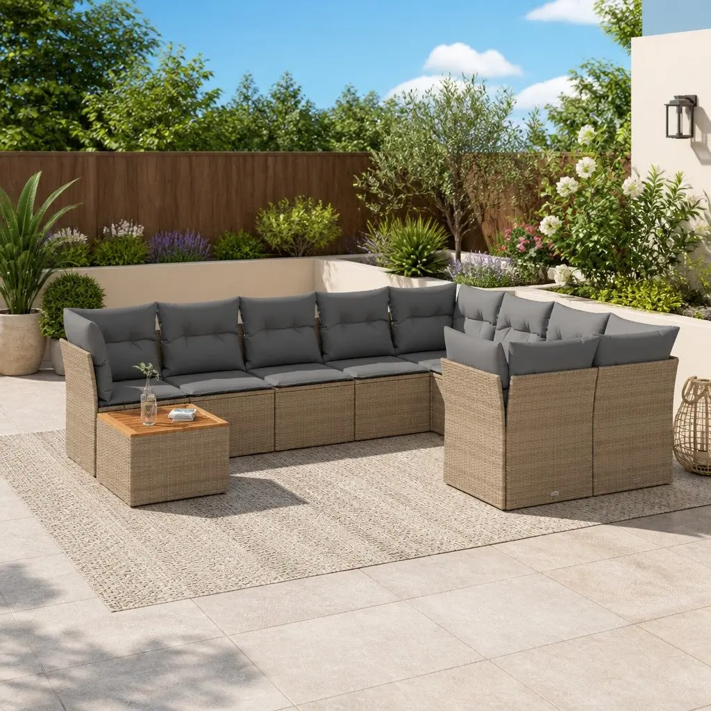Garden Sofa Set PE Rattan 10 Piece Outdoor Furniture Beige Patio Lounge