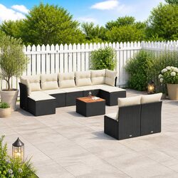 High-Quality 10 Piece Black Poly Rattan Outdoor Sofa Set