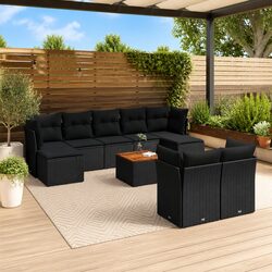 10-Piece Garden Sofa Set in Black Rattan with Cushions