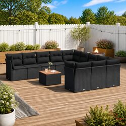 Premium Black Poly Rattan 12 Piece Garden Sofa Set