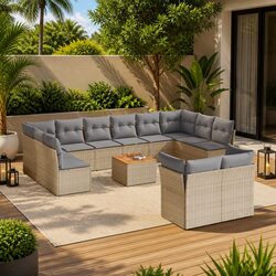 Beige Poly Rattan Garden Sofa Set with Cushions - 13 Pieces