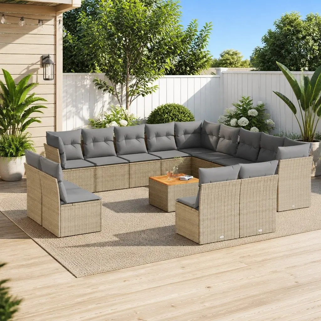 Garden Sofa Set PE Rattan 14 Piece Outdoor Furniture Modular Beige with Cushions