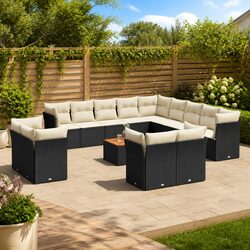 14-Piece Black Poly Rattan Garden Sofa Set with Cushions