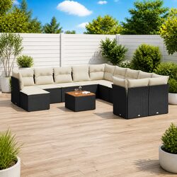 Black Poly Rattan 12-Piece Garden Sofa Set for Patios