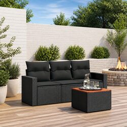 Stylish 4 Piece Black Rattan Garden Sofa Set with Cushions