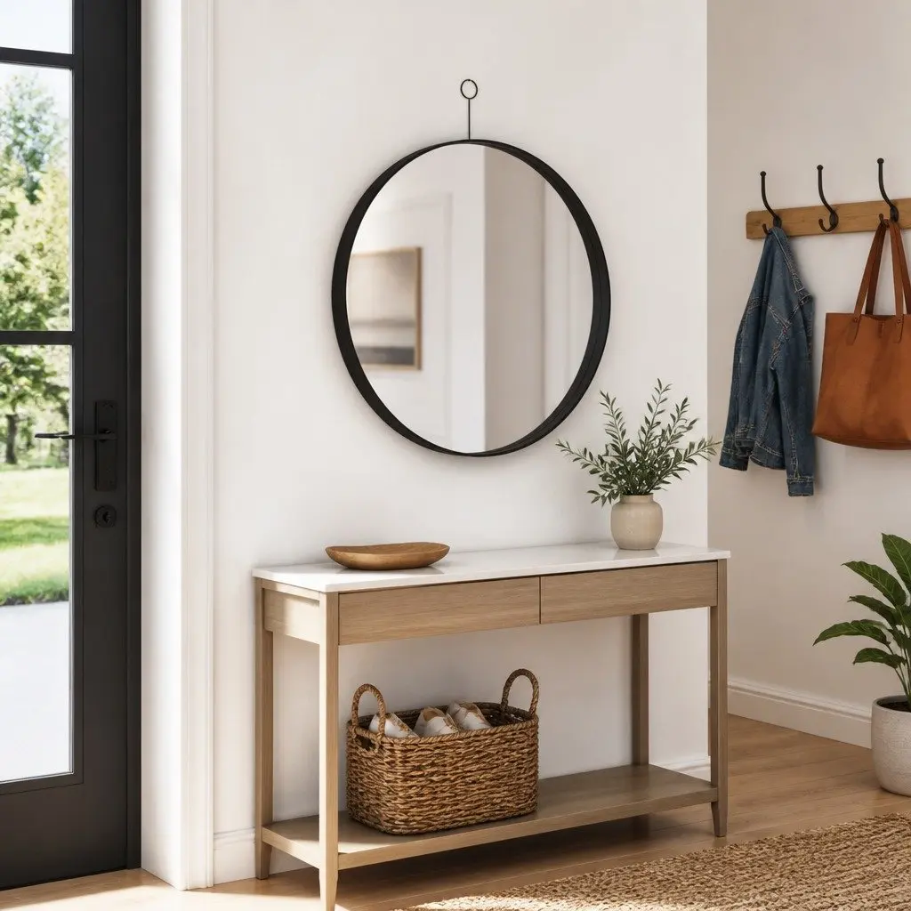 Hanging Wall Mirror Black Round Modern Home Decor with Hook 50cm Diameter