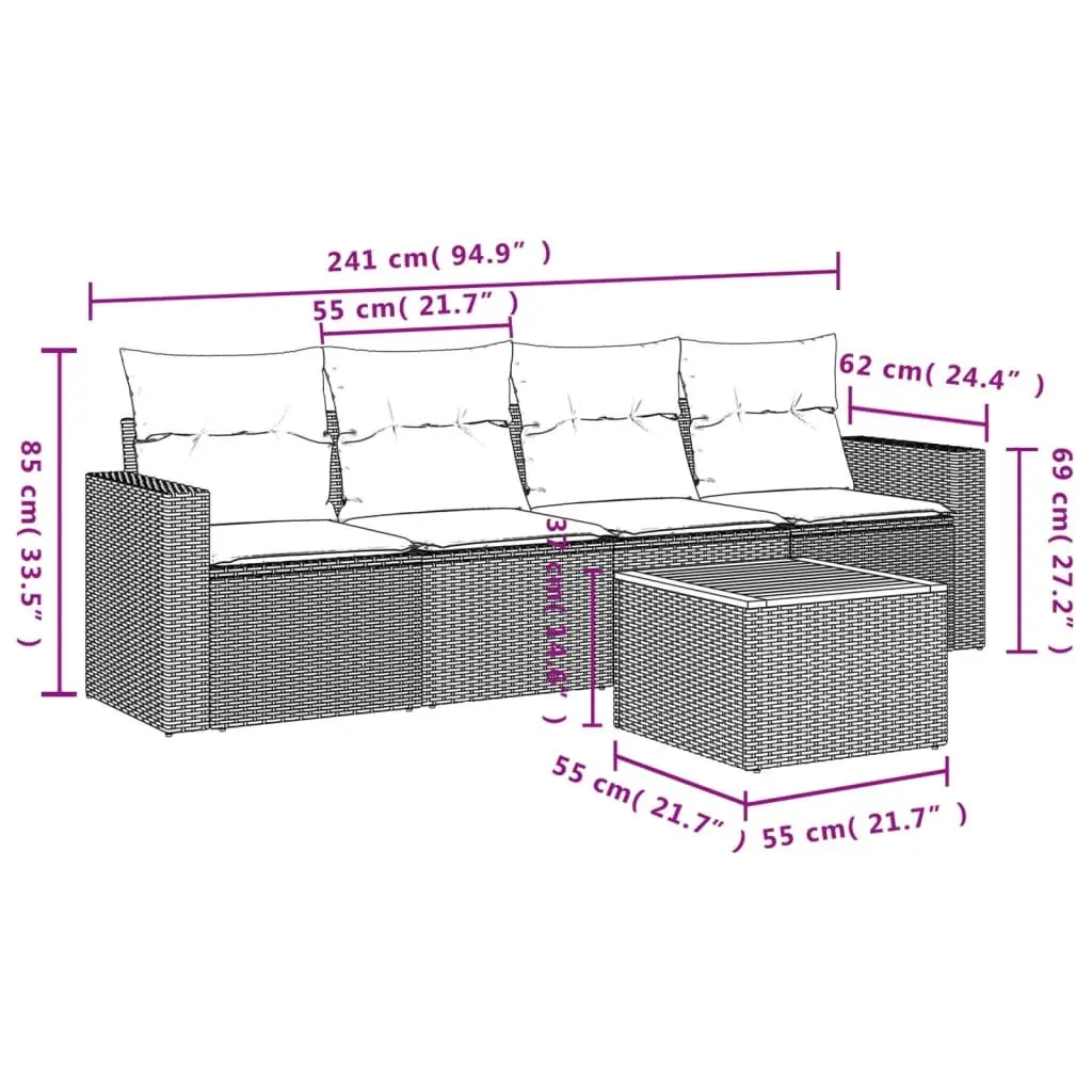 Garden Sofa Set PE Rattan Acacia Wood 5 Piece Beige Outdoor Furniture