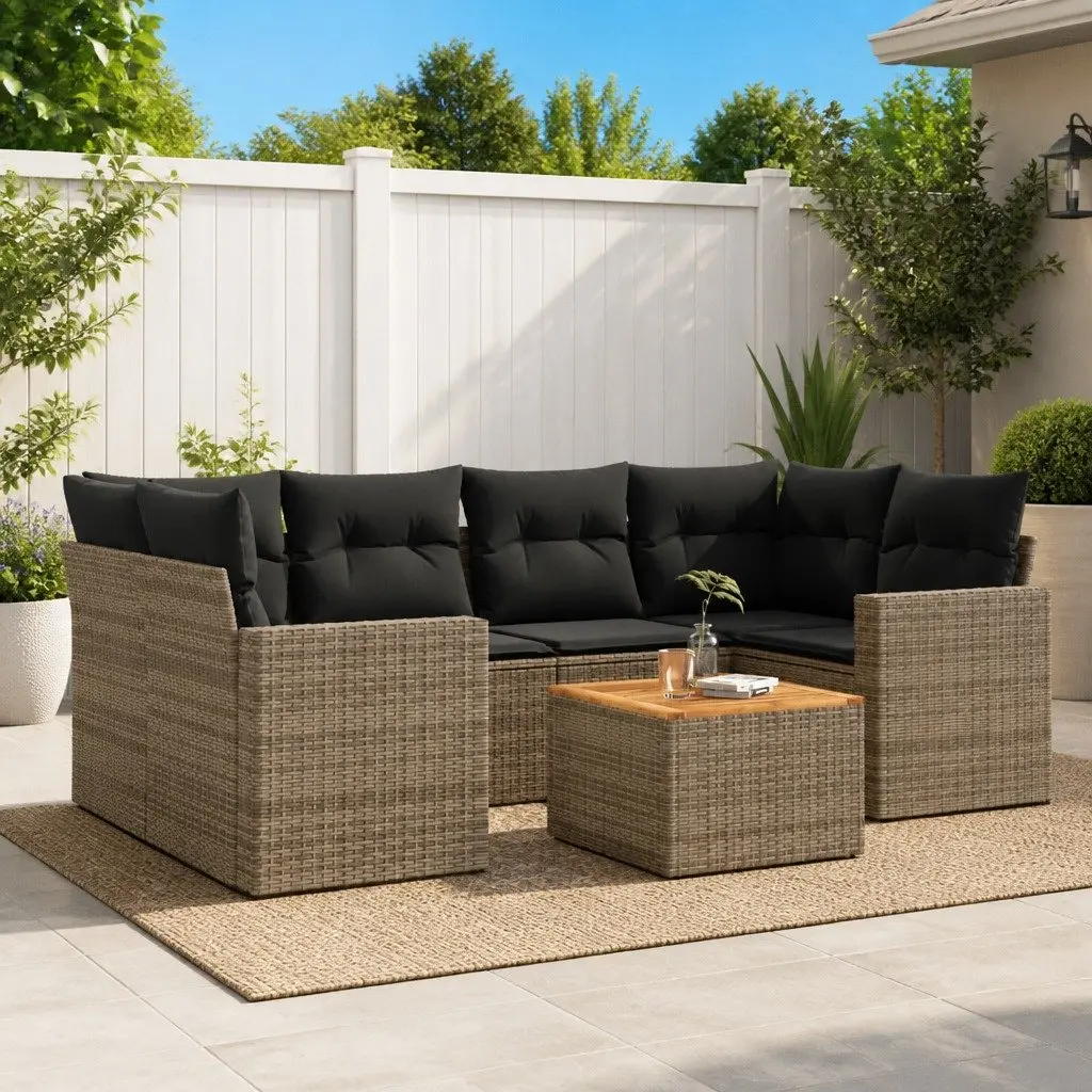 7 Piece Grey Garden Sofa Set with Cushions