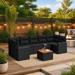 Durable 8 Piece Black Poly Rattan Garden Sofa Set