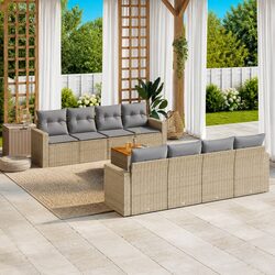 9 Piece Beige Poly Rattan Garden Sofa Set with Cushions