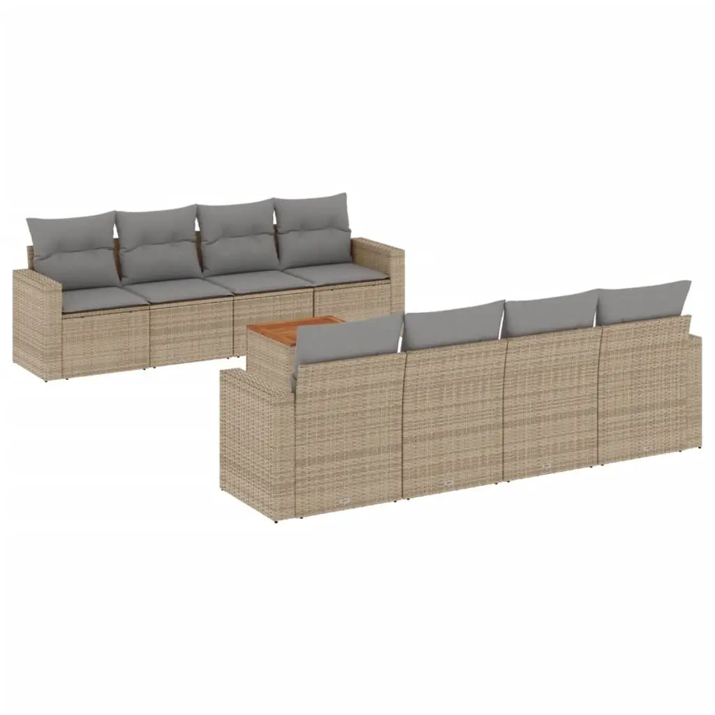 9 Piece Beige Poly Rattan Garden Sofa Set with Cushions