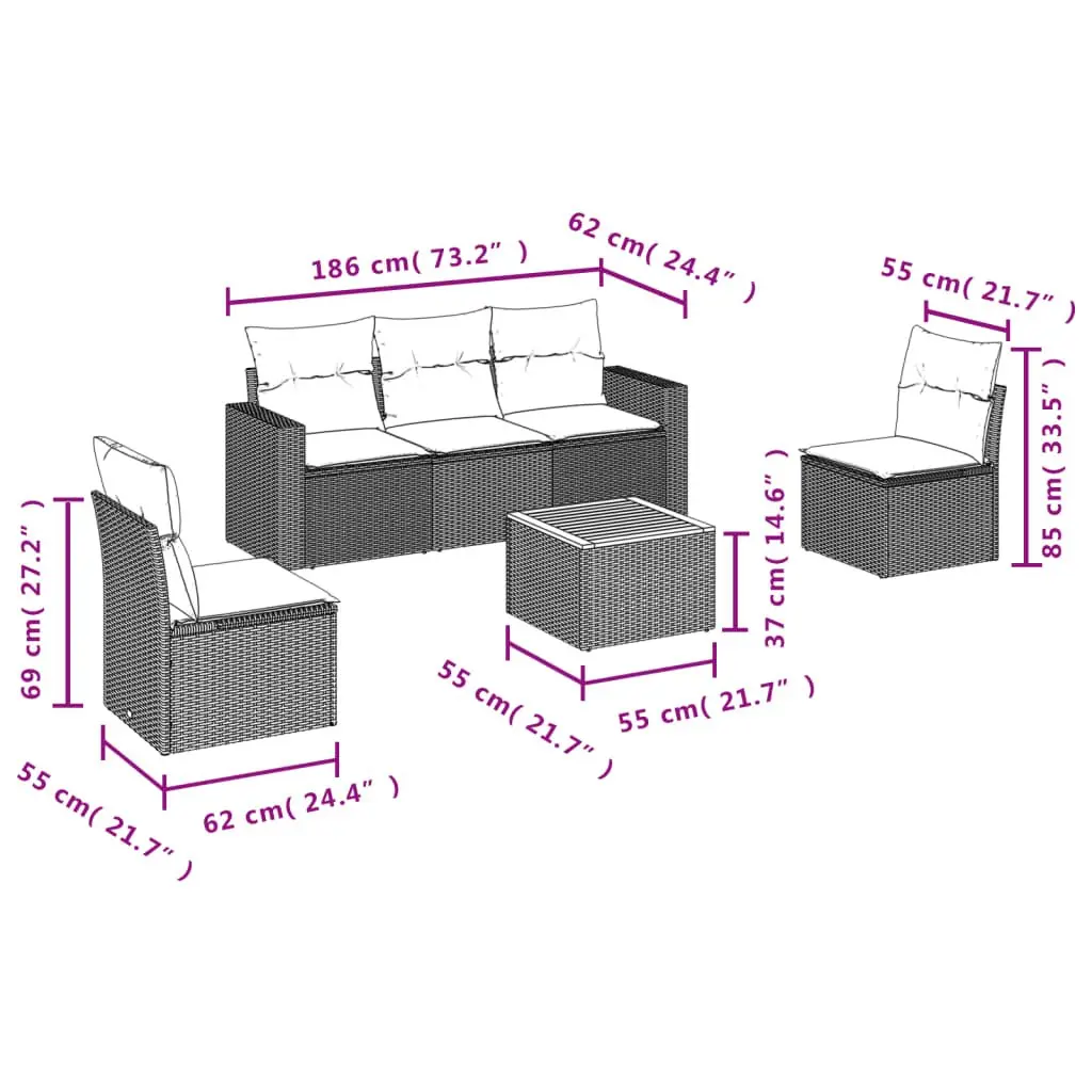 6 Piece Garden Sofa Set with Beige Cushions