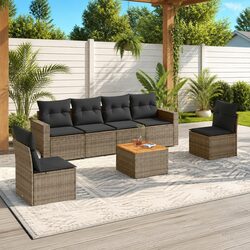 7-Piece Grey Poly Rattan Garden Sofa Set for Patio