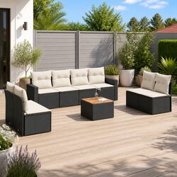 9 Piece Black Modular Outdoor Sofa Set with Cushions