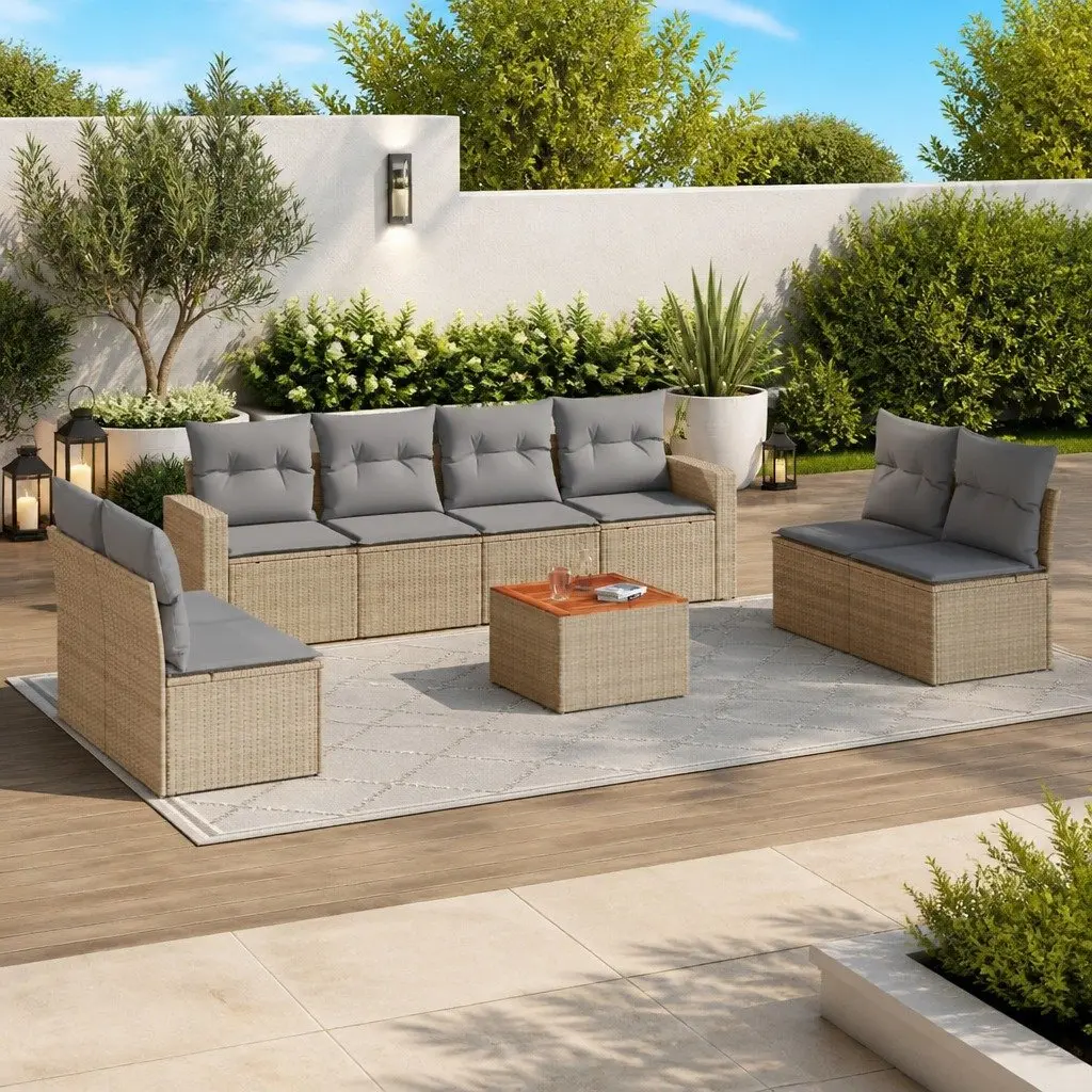 Garden Sofa Set PE Rattan 9 Piece Outdoor Furniture Lounge Suite Beige